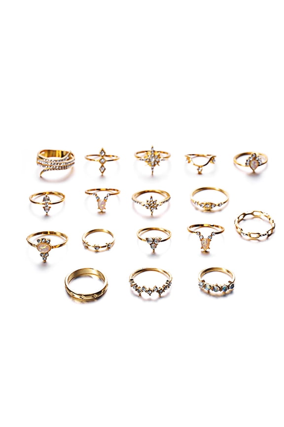 17Pcs Unique Carved Stackable Knuckle Rings Alloy Boho Ethnic Style Faux Gem Finger Rings Jewelry Accessory