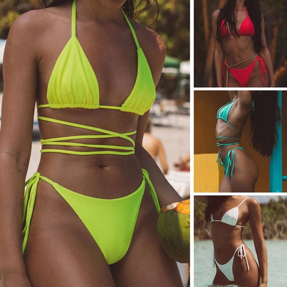 Joernso 2 Pcs/Set Women Bikini Set Solid Color Lace-up Spaghetti Strap Halter Neck Backless High Waist Soft Quick Dry Lady Bechwear Bathing Suit Surfing Swimsuit