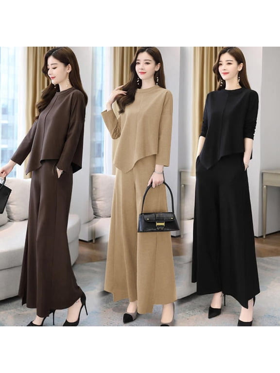 2 Pcs/Set Women Top Pants Suit Round Neck Long Sleeves Irregular Hem Blouse Wide Leg A-line Culottes Daily Wear Outfit Fall Spring Commuting Clothes