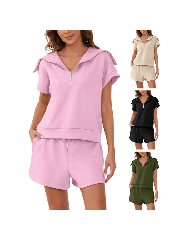 2 Pcs/Set Women Top Shorts Suit Half Zipper Turn-down Collar Short Sleeves Blouse Drawstring Elastic Waist Pockets Loose Pants Sport Casual Summer Daily Outfit