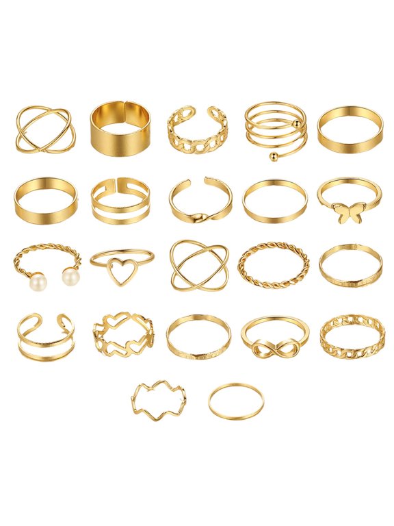 22 Pcs/Set Women Ring Set Hollow Out Faux Pearl Multi Shapes Heart Butterfly Polished Smooth Alloy Commute Stackable Knuckle Ring Finger Jewelry