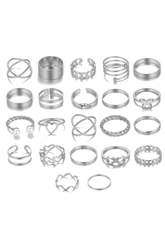 22Pcs/Set Women Rings High Gloss Polished Hypoallergenic Assorted Alloy Gift Fashion Jewelry Hollow Love Heart Finger Opening Rings for Party