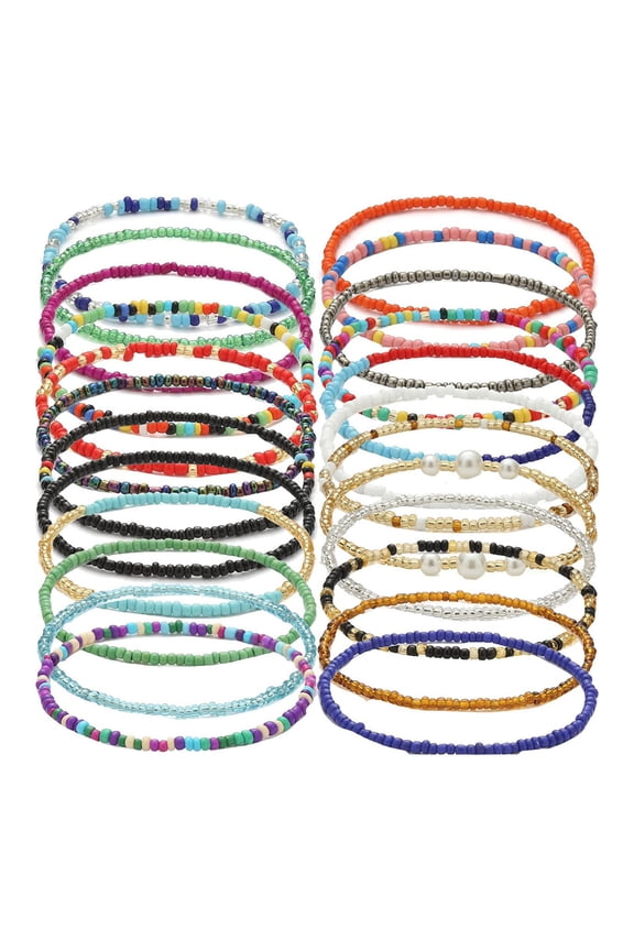 24 Pcs Beach Bead Anklets Set Colorful Rainbow Bohemian Style Elastic Elastic Stackable Beaded Stretch Anklets Summer Vacation Jewelry