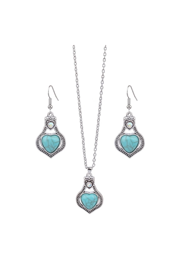 2Pcs/Set Ethnic Style Faux Turquoise Necklace Earrings Set Women Shining Rhinestones Inlaid Pendant Necklace Hook Earrings Jewelry Set