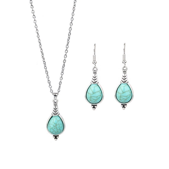 Joernso 2Pcs/Set Ethnic Style Faux Turquoise Necklace Earrings Set Women Shining Rhinestones Inlaid Pendant Necklace Hook Earrings Jewelry Set