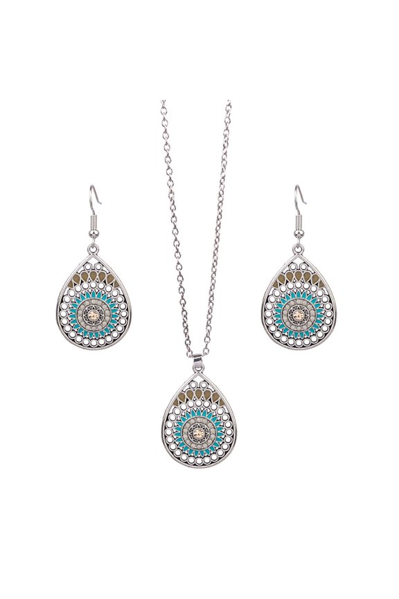 2Pcs/Set Ethnic Style Faux Turquoise Necklace Earrings Set Women Shining Rhinestones Inlaid Pendant Necklace Hook Earrings Jewelry Set