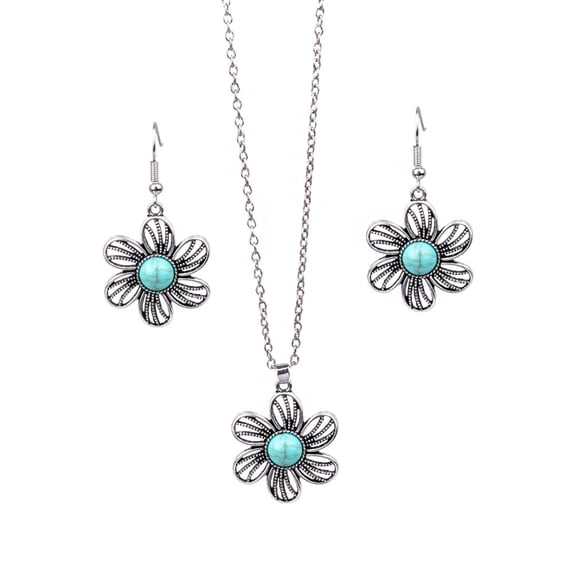 Joernso 2Pcs/Set Ethnic Style Faux Turquoise Necklace Earrings Set Women Shining Rhinestones Inlaid Pendant Necklace Hook Earrings Jewelry Set