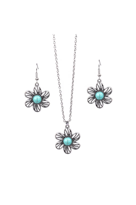 2Pcs/Set Ethnic Style Faux Turquoise Necklace Earrings Set Women Shining Rhinestones Inlaid Pendant Necklace Hook Earrings Jewelry Set