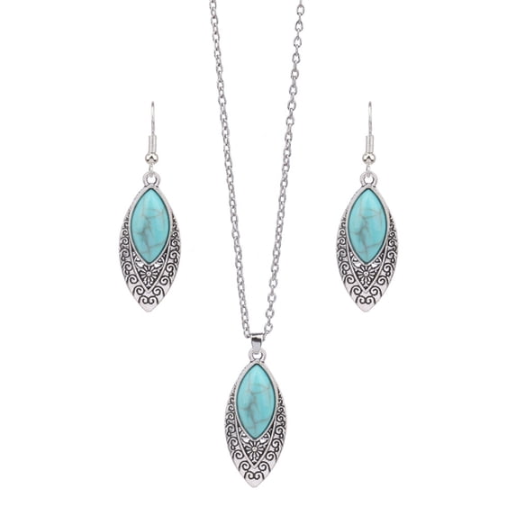 Joernso 2Pcs/Set Ethnic Style Faux Turquoise Necklace Earrings Set Women Shining Rhinestones Inlaid Pendant Necklace Hook Earrings Jewelry Set