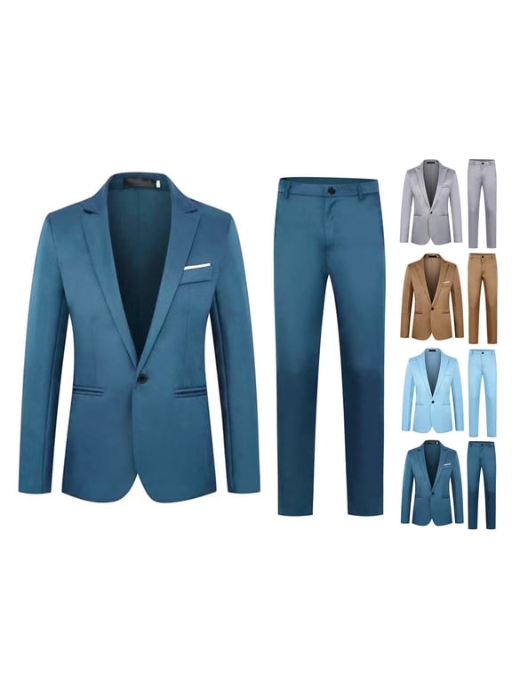 2Pcs/Set Men Spring Autumn Solid Color Business Suit Lapel Long Sleeve Pockets Single Button Blazer Mid-rise Slim Fit Long Pants Set