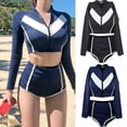 thumbnail image 1 of Joernso 2Pcs/Set Padded Swimsuit Long Sleeve Crop Top Geometric Design Women Bikini for Beach, 1 of 8