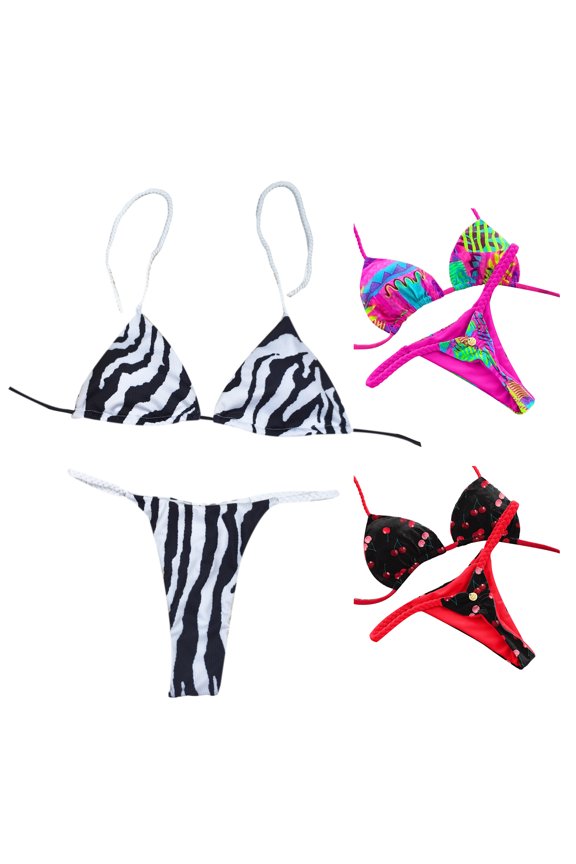 2Pcs/Set Women Bikini Set Halter Lace-Up Sleeveless Bra Braided Rope Swimming Briefs Set Quick Drying Beachwear