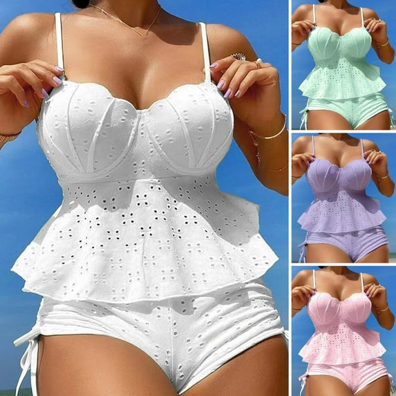 Joernso 2Pcs/Set Women Sexy Bikini Set Sling Ruffle Hem Shell Shape Bra High Waist Drawstring Swimming Trunks Set Quick Drying Swimsuit
