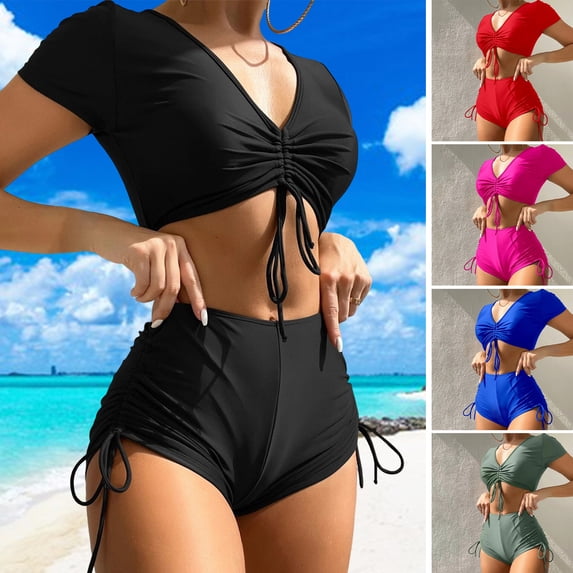 Joernso 2Pcs/Set Women Summer Bikini Set V-Neck Short Sleeve Tops High Waist Drawstring Swimming Trunks Solid Color Quick Drying Swimsuit