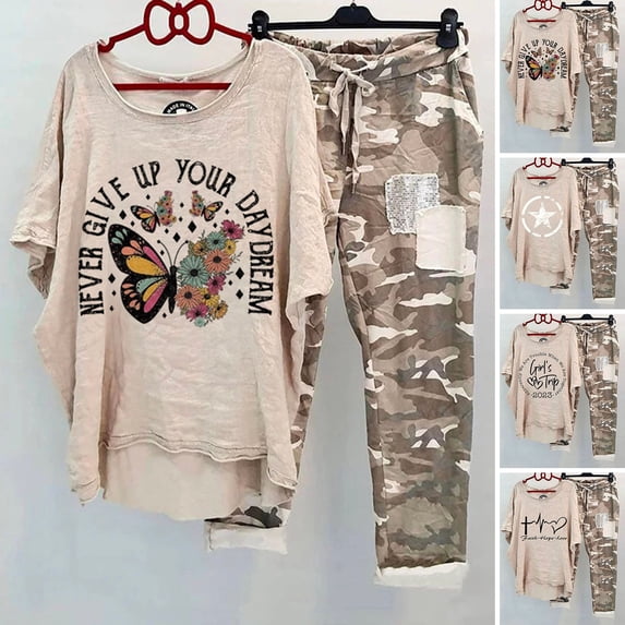 Joernso 2Pcs/Set Women's Summer Casual Suit Round Neck Printed Breathable Cotton Blend Lightweight Sportswear Outfit Lady Supply