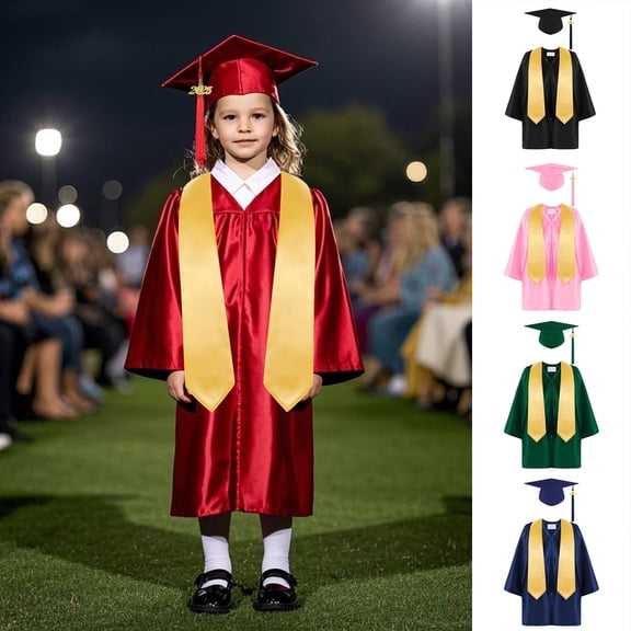 Joernso 3 Pcs/Set Children Kindergarten Graduation Uniform with Tassel Hat And Shawl V Neck Calf Length Long Sleeve Zipper Closure Elementary Graduation Robe Kids Graduation Party Clothes