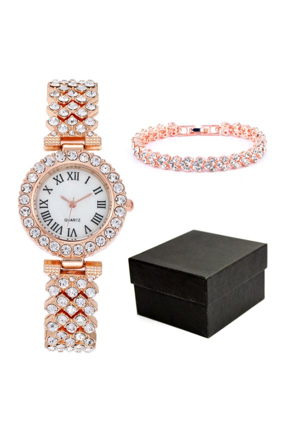 3 Pcs/Set Watch Bracelet Set Shiny Rhinestone Quartz Movement Accurate Time Adjustable Strap Exquisite Electroplated Stainless Luxury Wrist Decoration Watch Bracelet Set Lady Jewelry
