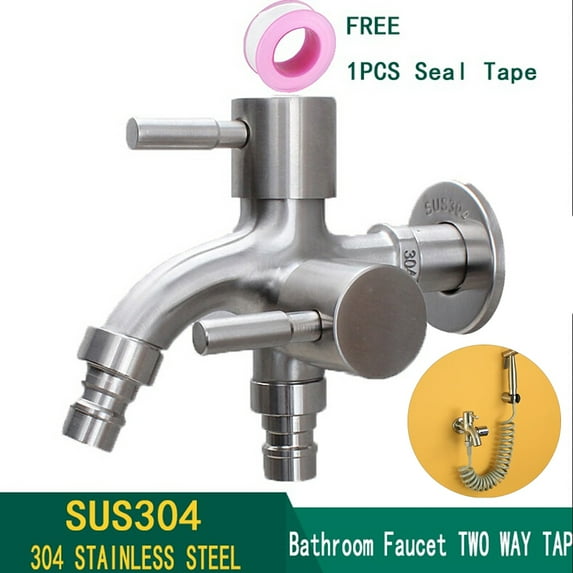 Joernso 304 Stainless Steel Double Outlet Tap Washing Machine Bathroom Water Faucet