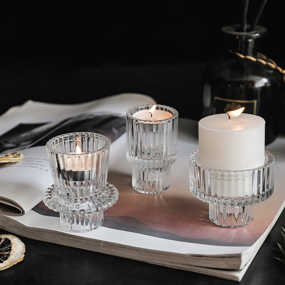 Joernso 3Pcs Double-sided Glass Candle Holder Clear Taper Pillar Tealight Scented Candle Candleholder Candlestick Wedding Party Dining Table Centerpiece Decoration