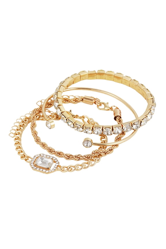 4 Pcs Rhinestone Bracelets for Women Multiple Layered Stackable Bracelet Open Cuff Wrap Bangle Adjustable Link Cuban Punk Jewelry for Women Girls Gift