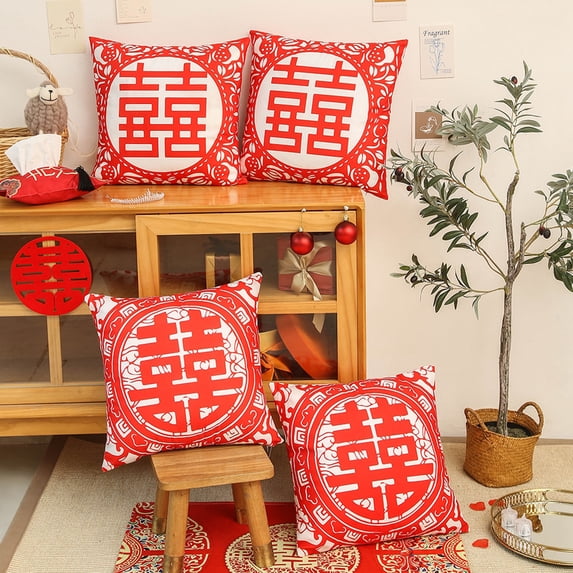 Joernso 45cm x 45cm Plush Pillowcase Chinese Character Pattern Cushion Cover Festive Chinese Wedding Bed Square Pillow Cover Home Decor
