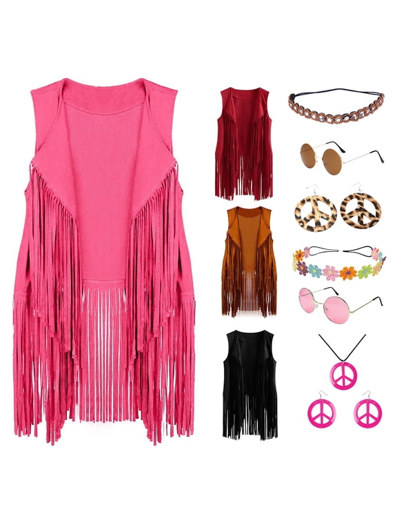 5 Pcs/Set Women Vest with Headband Sunglasses Necklace And Earrings Tassel Cardigan Waistcoat Retro 60s 70s Dance Party Disco Costume Halloween Cosplay Clothes