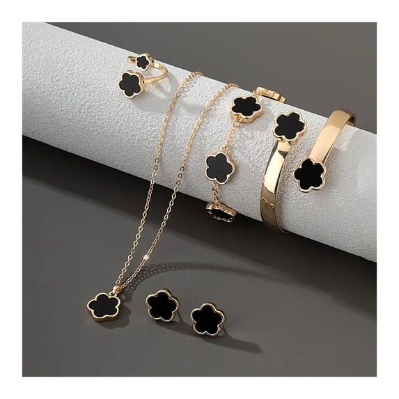 Joernso 5Pcs/Set Women Jewelry Set Lucky Flower Decor Sparkling Rhinestones Necklace Bracelet Bangle Earrings Ring Set Fashion Jewelry