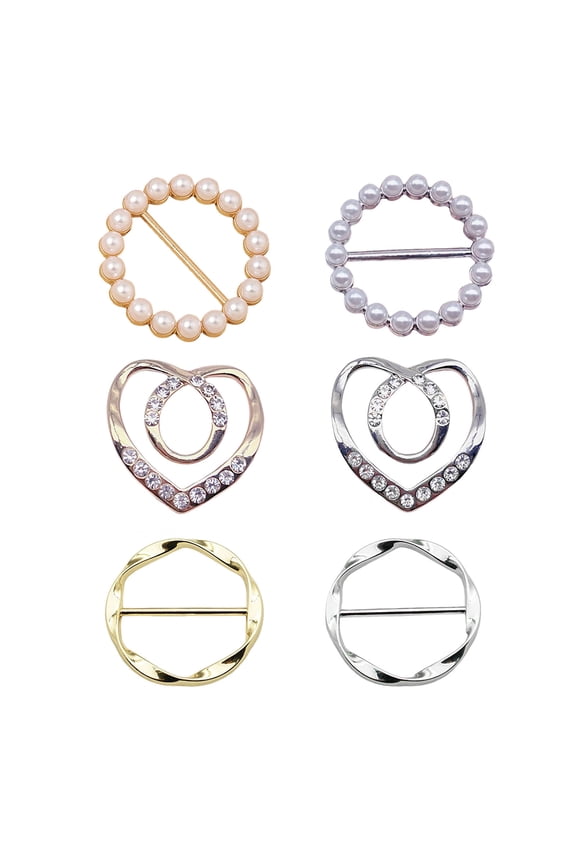 6 Pcs Clothes Corner Knotted Buttons Round Circle Heart Shape Faux Pearl Rhinestone Decor Scarf Ring Clips T-shirt Ties Clips Shirt Tighten Clips