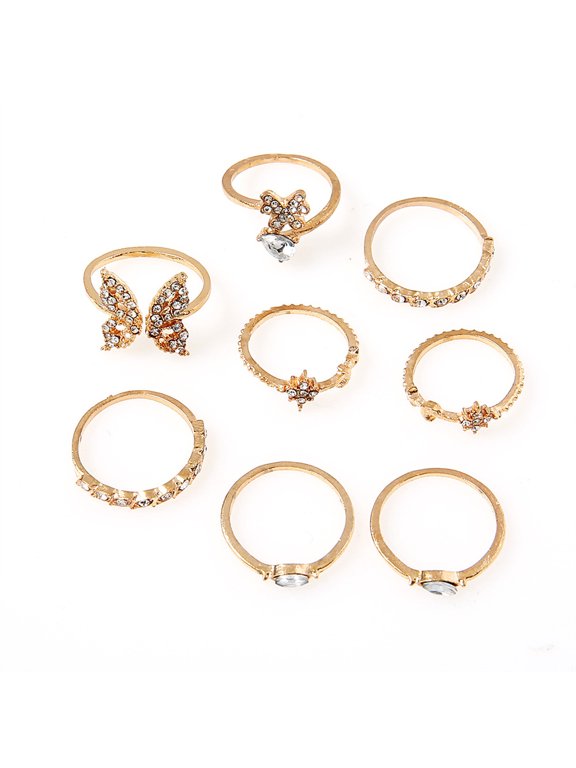 8Pcs Knuckle Rings Butterfly Flower Rhinestone Women Exquisite Animal Element Rings Jewelry Accessories