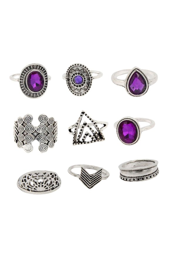 9Pcs/set Water Drop Stackable Knuckle Rings Alloy Bohemia Purple Faux Gem Finger Rings Jewelry Accessory