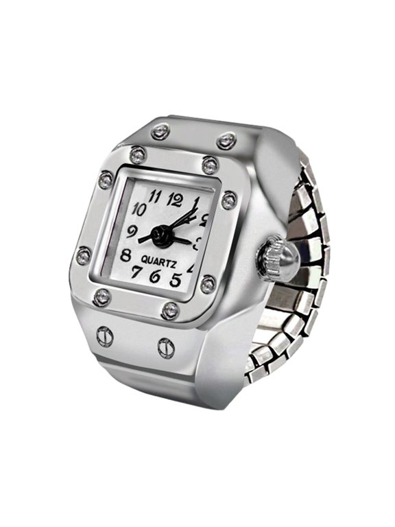 Alloy Ring Watch Elastic Stainless Steel Band Square Dial Men Women Couple Watch Finger Ring Birthday Gift Fashion Accessories