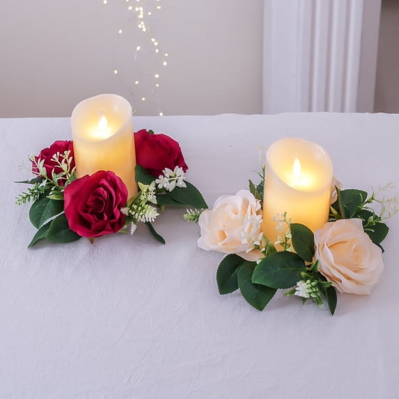 Joernso Artificial Rose Wreath Candle Ring Pillar Candle Holder Spring Green Leaves Flower Garland Home Wedding Party Table Centerpiece Decoration
