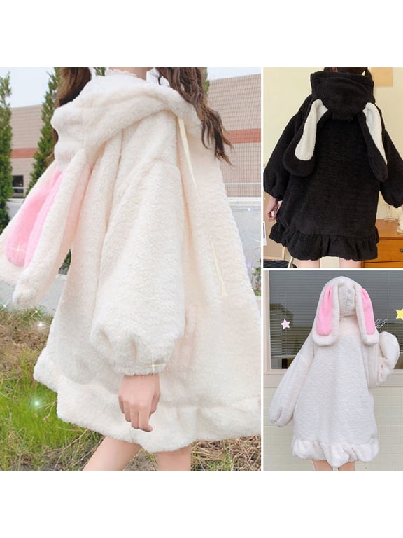 Autumn Winter Women Hoodie Bunny Ears Hooded Zipper Plush Coat Lolita Elastic Cuff Sweatshirt Jacket for Shopping