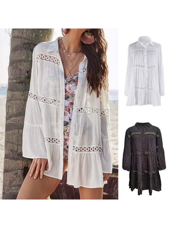 Beach Bikini Cover Up Shirt Lapel Flared Long Sleeve Single Breasted Swimsuit Coat Hollow Out Women Mid-length Shirt