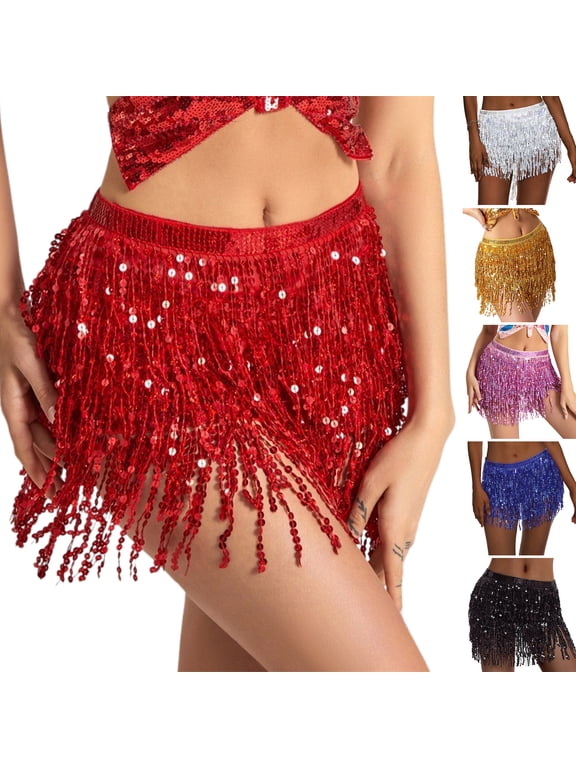 Belly Dance Sequin Tassel Skirt Sparkling Glitter Rave Fringe Mid-rise Skirt Solid Color Dance Parties Performances Skirt