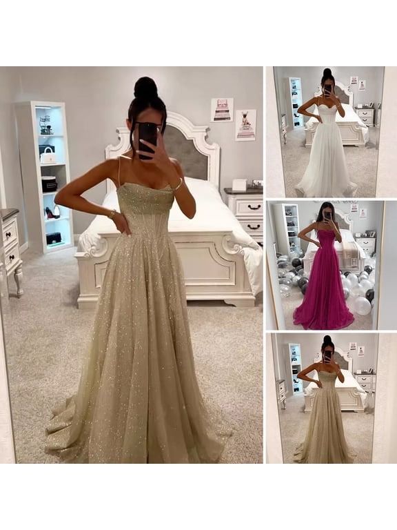 Bridal Wedding Dress Prom Party Evening Dress Backless Spaghetti Strap Sequin Sleeveless A-line Floor Length Ball Gown Pleated Low-cut Cocktail Dress