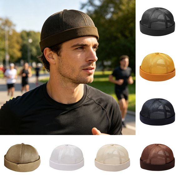Joernso Brimless Melon Skin Hat, Elastic Edges 360 Degree Ventilation Summer Hat, Lightweight Breathable Mesh Cap for Men Women