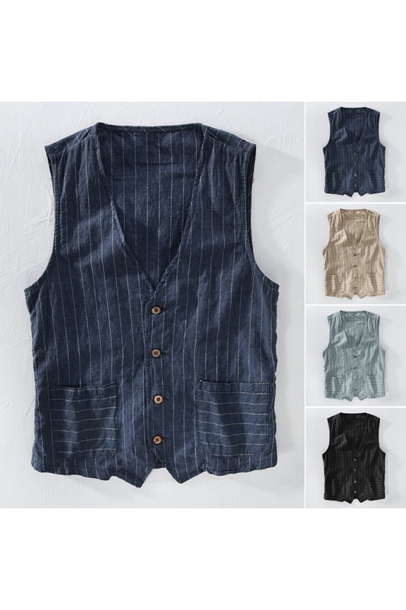 British Style Men Waistcoat V-neck Collarless Sleeveless Striped Print Vest Coat with Pockets Single Breasted Vest