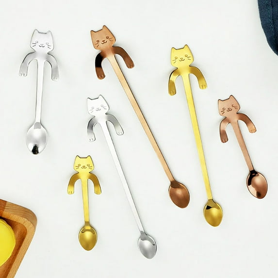 Joernso Cartoon Cats Long Handle Stainless Steel Coffee Tea Hanging Spoon Kitchen Supplies