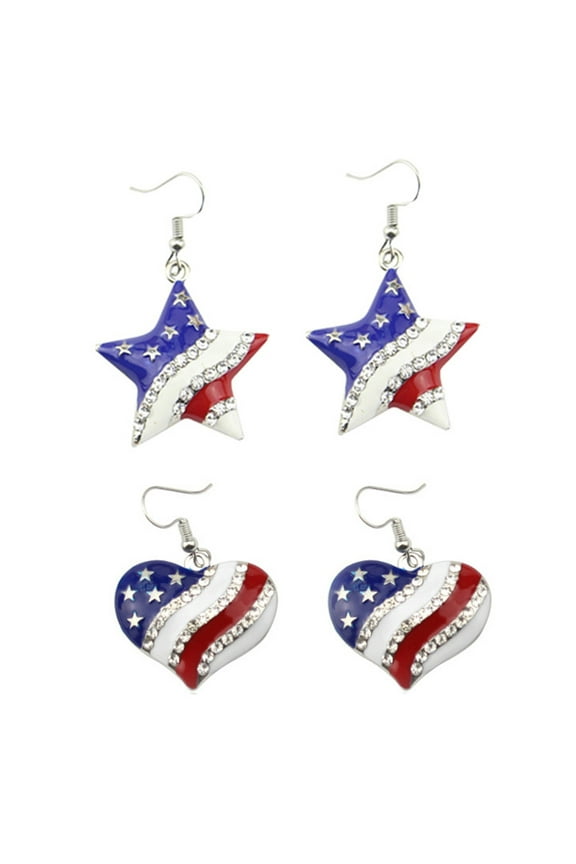 Chic American Flag Heart Star Shaped Rhinestone Ear Hook Earrings Women Jewelry