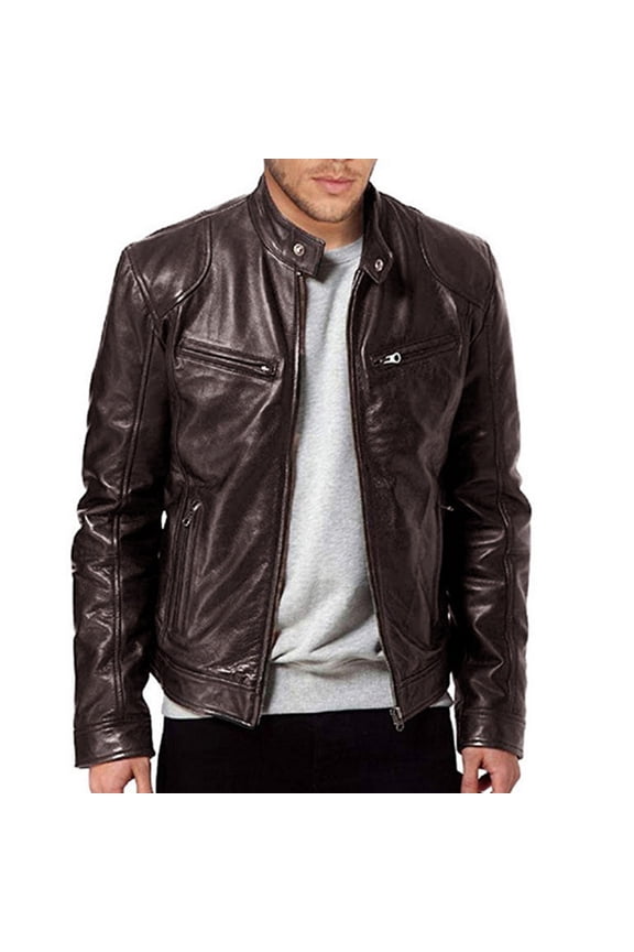 Chic Men Autumn Long Sleeve Stand Collar Faux Leather Zipper Motorcycle Jacket