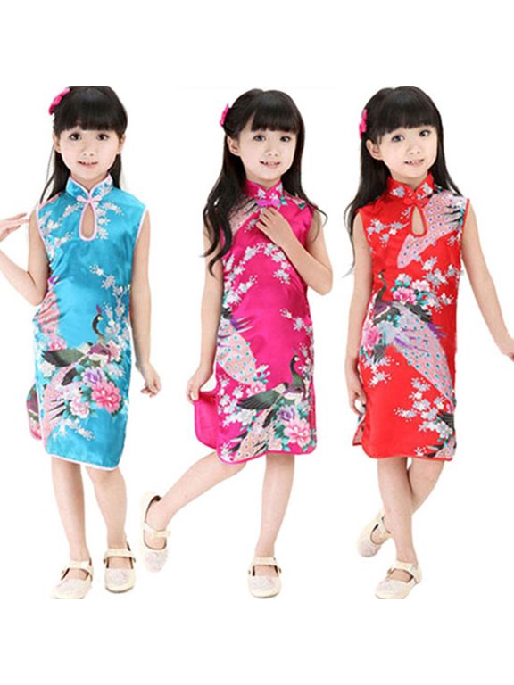 Chinese Cheongsam Floral Peacock Pattern Soft Faux Silk Girl Knee Length Dress for Party
