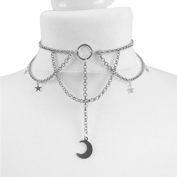 Joernso Choker Necklace Multi Chains Gothic Style Cool Short Moon Shape Hollow Out Women Necklace Female Accessory