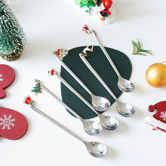 Joernso Christmas Spoon with Pendant Temperature-resist Stainless Steel Mixing Stirrer Kitchen Tableware Xmas Spoon for Party