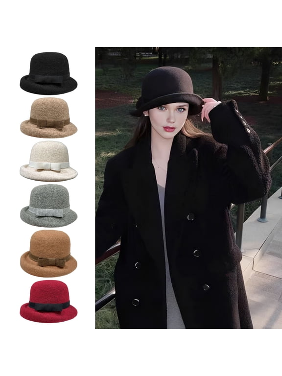 Classic Felt Cloche Hat for Women, Fall Winter Soft Fedora Bucket Hat, Vintage Short Brim Bowler Cap with Bow for Daily Wear, Travel