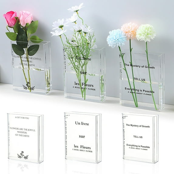 Joernso Clear Acrylic Book Vase Water Planting Flowers Plants Vase Aesthetic Living Room Bedroom Home Office Decoration Book Lovers Gifts