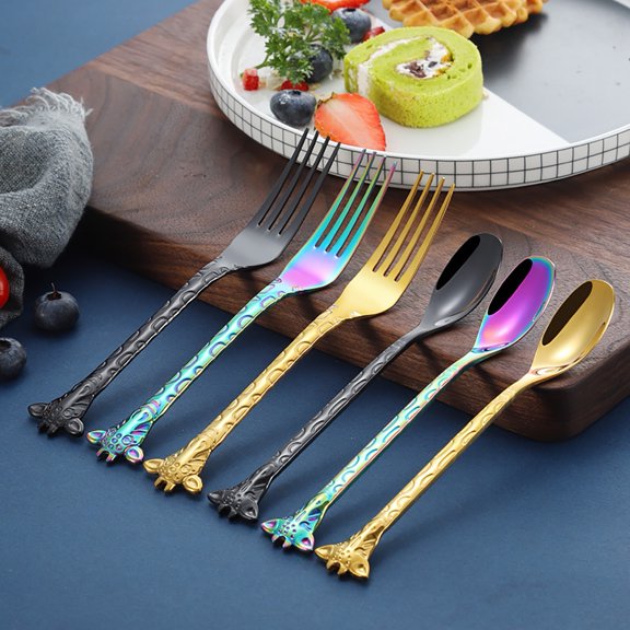 Joernso Coffee Spoon Rounded Ends Giraffe Shaped Stainless Steel Dessert Scoop Fork Flatware Cutlery Kitchen Supplies