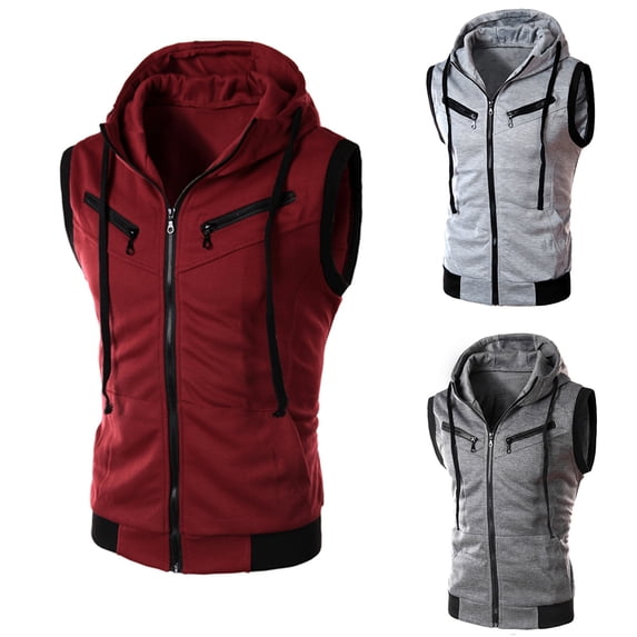 Joernso Color Block Summer Sports Men Zipper Sleeveless Fitness Hoodies Hooded Vest