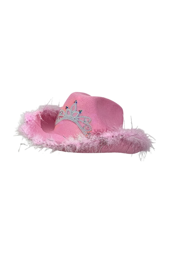 Cowgirl Hat Rhinestone Crown Decor Furry Ripped Edge Windproof Chin Rope Large Brim Sun Protection Retro Western Style Stage Show Performance Party Cap