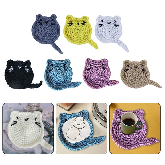 Joernso Crochet Cartoon Cat Coaster Heat resistant Non slip Kitchen Countertop Table Handmade Mug Coffee Tea Cup Holder Decoration